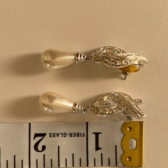 Rhinestone & Faux Pearl Dangle Silver Toned Earrings - Prom, Wedding, Party - Picture 6 of 6